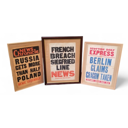 493 - Militaria - three original WWII newspaper headline posters 'Russia gets more than half of Poland', B... 