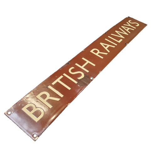 495 - Railwayana - a British Railways enamel header sign with cream text on a brown ground, 10cm x 68.5cm