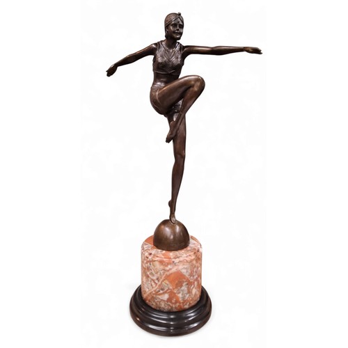 539 - After J Philipp, a bronze, Art Deco dancer, cylindrical marble plinth, 56cm high