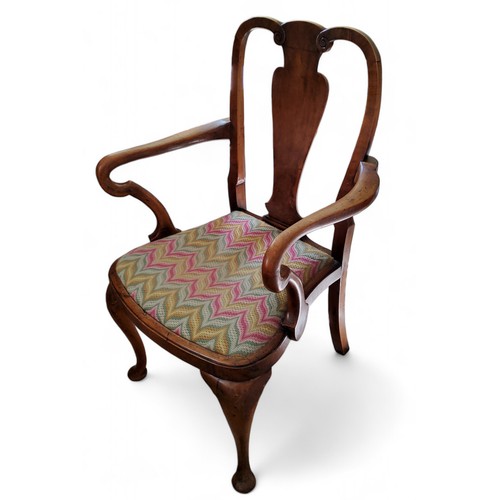 547 - A George II Revival mahogany 'shepherd's crook' elbow chair, vasular splat, drop-in tapestry  seat, ... 