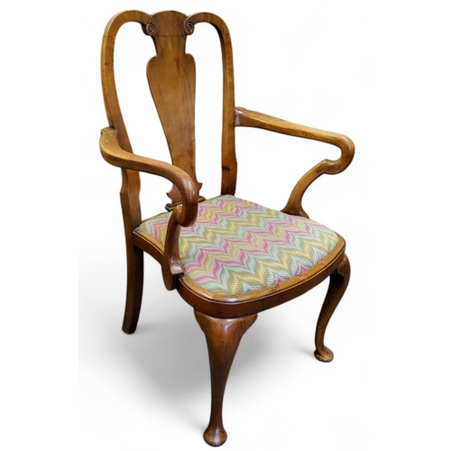 547 - A George II Revival mahogany 'shepherd's crook' elbow chair, vasular splat, drop-in tapestry  seat, ... 