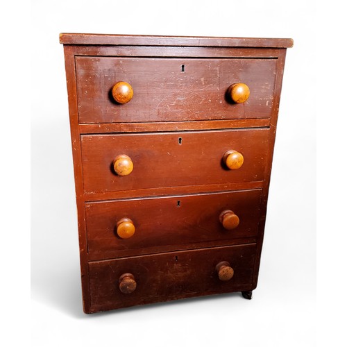 548 - A Victorian pine chest, of four drawers, turned wooden handles, 79cm x 56cm x 49cm, castors, c.1860