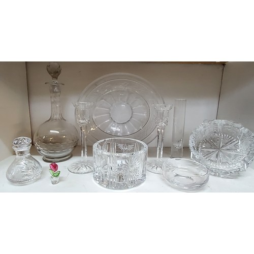 35 - A Waterford bowl, 13cm diam;  a similar pair of table candlesticks, 18cm high;  other glassware, Stu... 