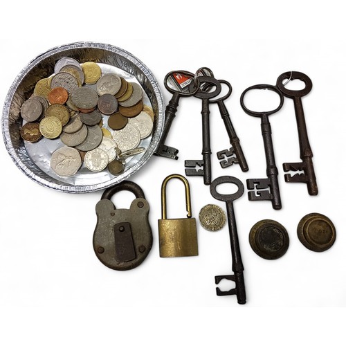 84 - 18th and 19th century keys, various sizes;  weights;  coins;  acast metal postal box, Box For Ticket... 