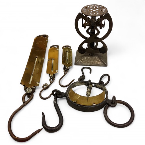 109 - A set of 19th century brass and iron leather hide scales; a Salter Pocket balance, to weigh 100LB; a... 