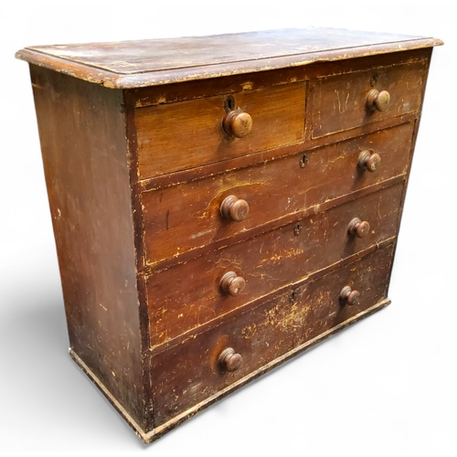 387 - A Victorian stained pine chest of drawers, two short over three long drawers, turned handles, lackin... 