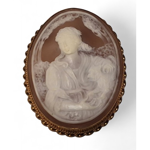 200 - A 9ct gold mounted oval cameo brooch/pendant, carved cameo depicting a young maiden with her dog, th... 