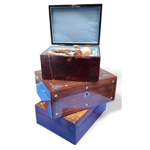 262 - Boxes & Objects - a Victorian rosewood and mother of pearl work box; another two walnut and stai... 