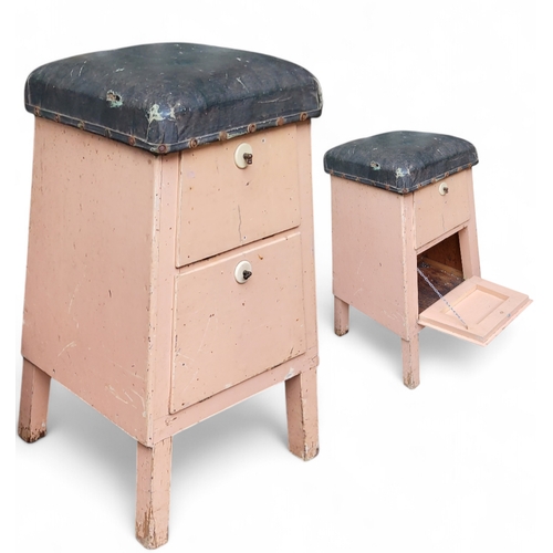 403 - An early 20th century painted pine seamstress stool, stuffed over seat above one drawer and hinged c... 