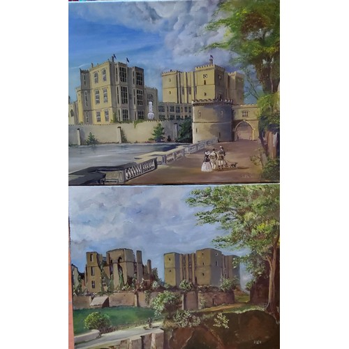 493 - English School, A Pair, Kenilworth Castle, signed with monogram, dated 29, oils on canvas, 41cm x 50... 