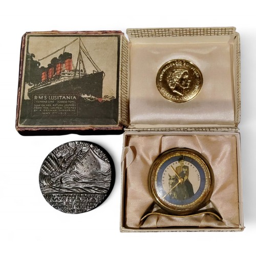 615 - World War 1 British Lusitania medallion, Sunk May 7th 1915, boxed; Elizabeth II Coronation gilt meta... 