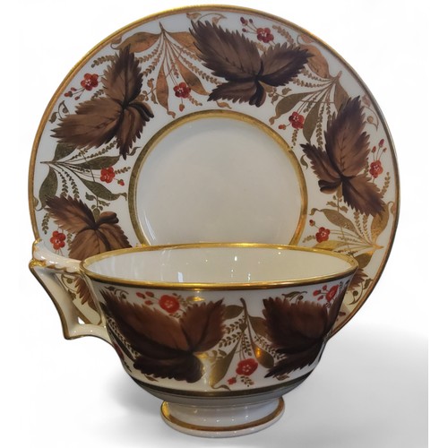 129 - A Flight Barr and Barr Worcester teacup and saucer, painted with brown leaves and red flowers, impre... 