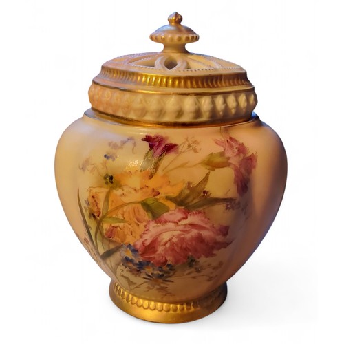 130 - A Royal Worcester lobed ovoid pot pourri vase and cover, printed and painted with colourful spring f... 