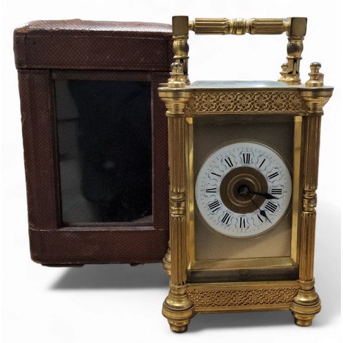 339 - A late 19th century gilt brass five glass carriage clock, 6cm enamel chapter ring with Arabic numera... 