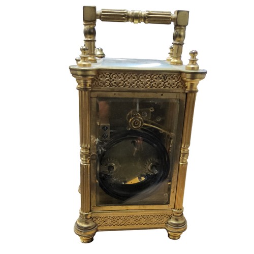 339 - A late 19th century gilt brass five glass carriage clock, 6cm enamel chapter ring with Arabic numera... 