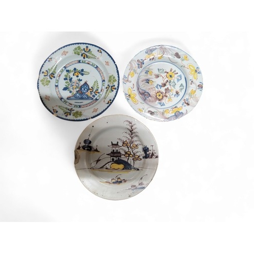 91 - A Lancaster Delft plate, in polychrome with pagoda, foliage and rockwork, 22cm diam, c.1760, see Ble... 