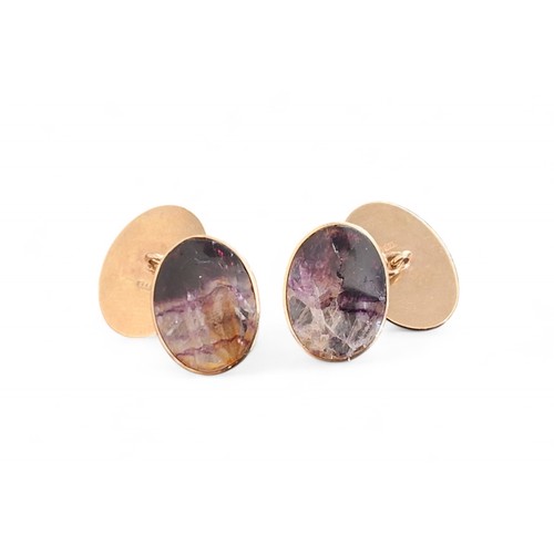 56 - A pair of 9ct gold and Blue John oval cufflinks, , S & Co, Birmingham, 1966, 8.5g gross