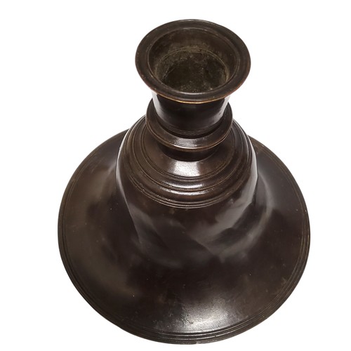 274 - A '15th century' Iranian bronze Timurid bell shaped candlestick, 15cm x 15cm x 15cm