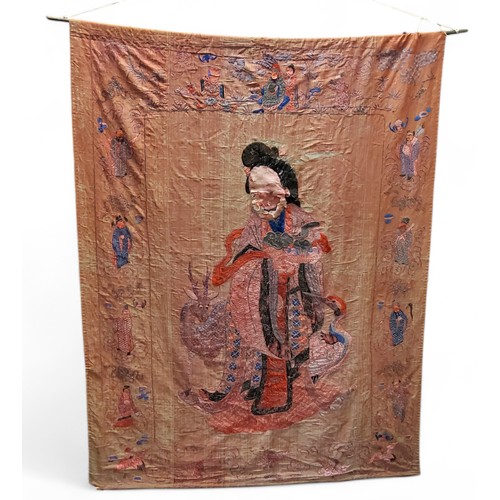 231 - Oriental Textiles - a Chinese silk embroidery wall hanging, 166cm x 125cm