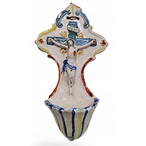 152 - A French faience holy water stoup, 22cm x 12cm