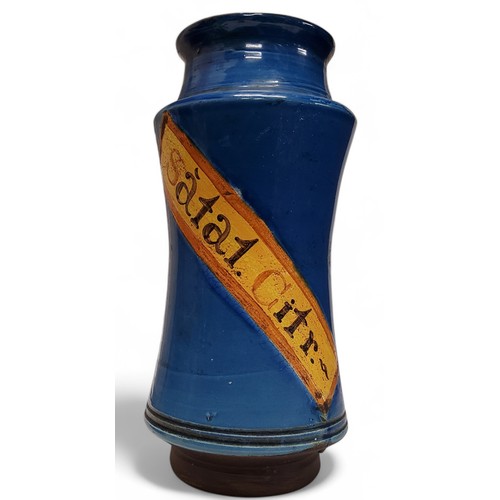 650 - A Continental faience albarello / apothecary dry drug jar marked 'Sãtal.Citr.', marked Leong to base... 