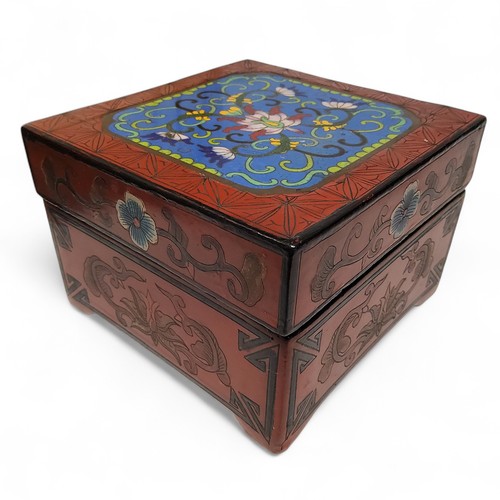 504 - A Chinese Cloisonné enamel and cinnabar lacquered box,  8cm x 12cm x 12cm