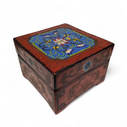 504 - A Chinese Cloisonné enamel and cinnabar lacquered box,  8cm x 12cm x 12cm