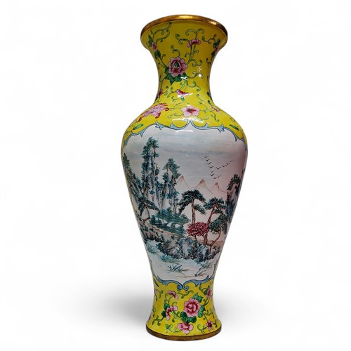 233 - A Qing dynasty Canton enamel baluster shaped vase, yellow ground, decorated with two panels depictin... 