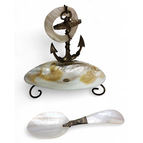 296 - A 19th century French maritime gilt metal and oyster shell dish, with anchor, 10cm high;  a mother-o... 