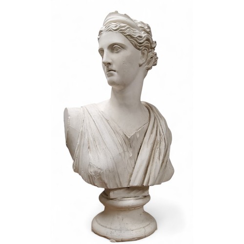 651 - A decorative library bust, of Diana the Huntress, after the Antique, waisted socle, 75cm high