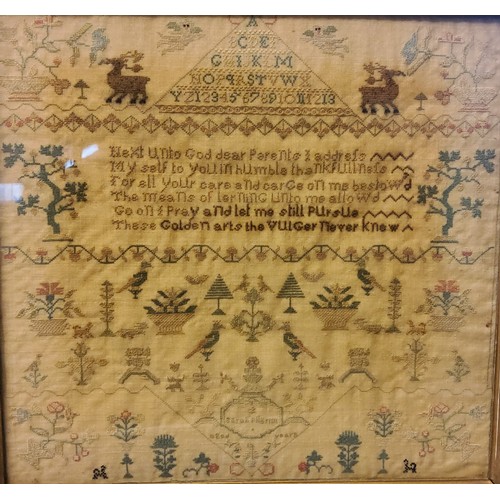 440 - An early 19th century needlework sampler, embroidered by Sarah Pilgrim, aged 12, with alphabet, vers... 