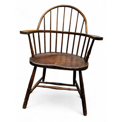 443 - An early 19th century Windsor chair, hoop back, shaped arms and seat, double H stretcher, 94.5cm hig... 