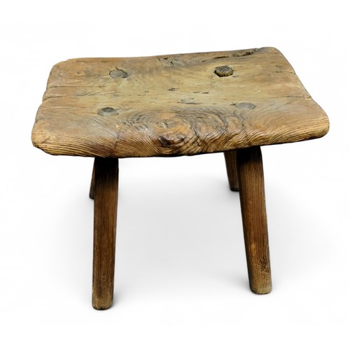 441 - An early 19th century rustic joint stool, rectangular top, splayed cylindrical legs, 30cm high, 36cm... 