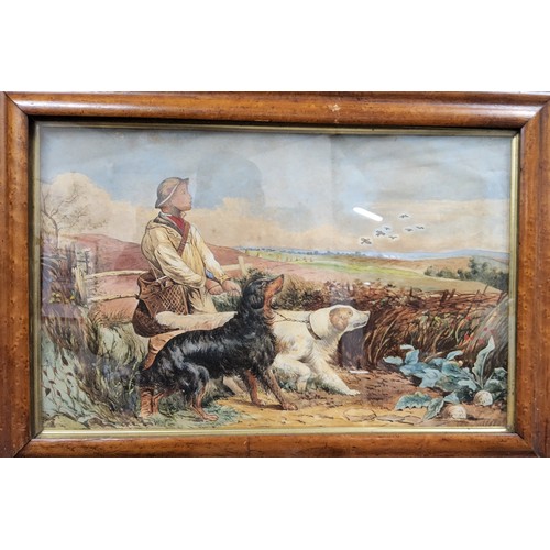 491 - English School, 19th century, The Gamekeeper, watercolour, 28cm x 45cm, maple frame