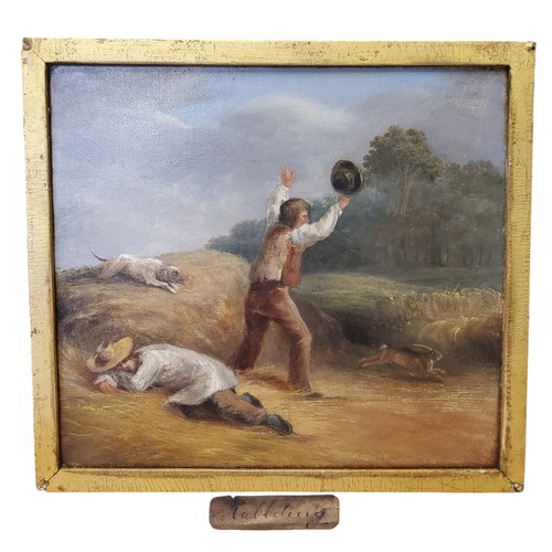 477 - Continental School (19th Century) 'Rabbiting', oil on board, titled to verso, framed, 24.5cm x 26cm,... 