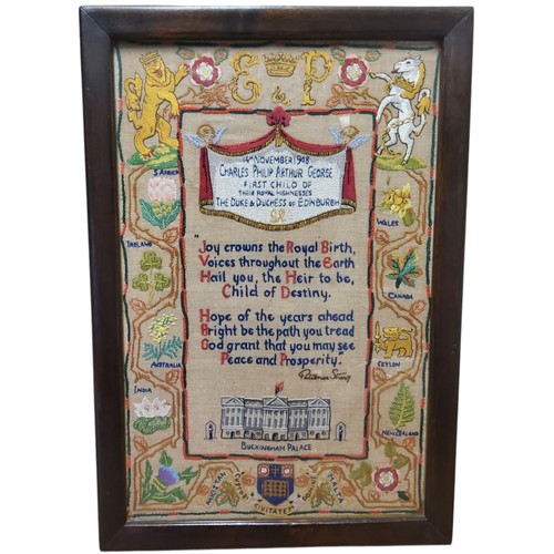 466 - An unusual George VI needlepoint sampler celebrating the birth of King Charles III 'first child of t... 