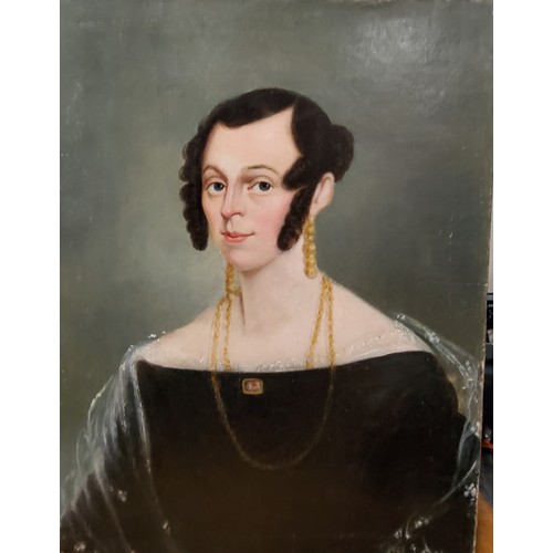 609 - Victorian School, Portrait of a Lady, wearing gold earrings and necklace, oil on canvas, 64cm x 51cm