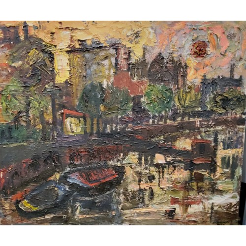 696 - Ernst Eisenmayer, b.1920, City Riverside, signed, dated 1964, oil on canvas, 63.5cm x 77cm