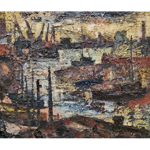 501 - Ernst Eisenmayer, b.1920, Industrial Harbour, signed, dated 1963, oil on canvas, 63.5cm x 77cm