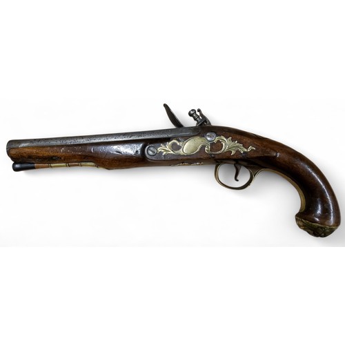 419 - An 18th century flintlock officer's pistol, the 20cm round steel barrel engraved LONDON , the steel ... 