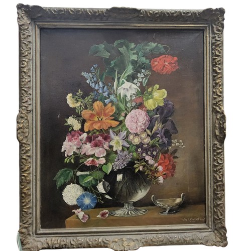 611 - W A P Kingwell, 20th century, June Medley, summer flowers, in a vase, signed, dated 1970, oil on can... 