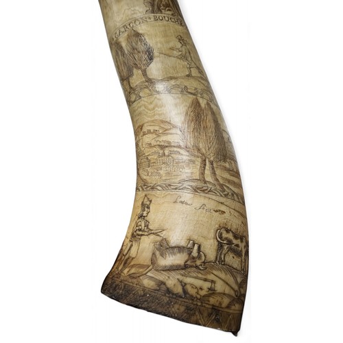 370 - A rare 18th century North American cow horn scrimshaw, engraved with 1759 Battle of Quebec, inscribe... 