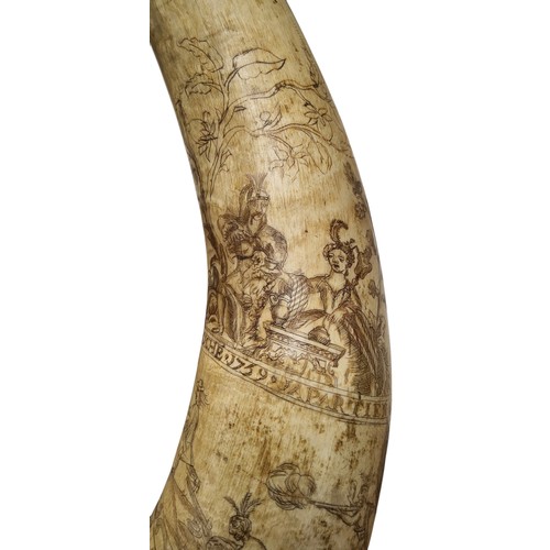 370 - A rare 18th century North American cow horn scrimshaw, engraved with 1759 Battle of Quebec, inscribe... 