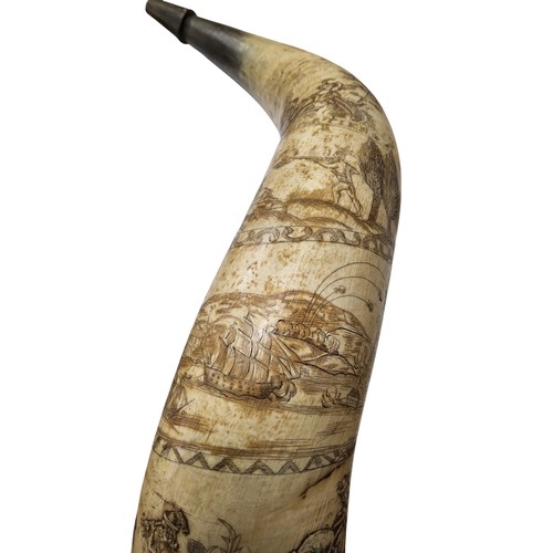 370 - A rare 18th century North American cow horn scrimshaw, engraved with 1759 Battle of Quebec, inscribe... 