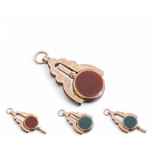 46 - A 9ct rose gold swivel fob/pocket watch key, the key set with a circular bloodstone and Cornelian, t... 