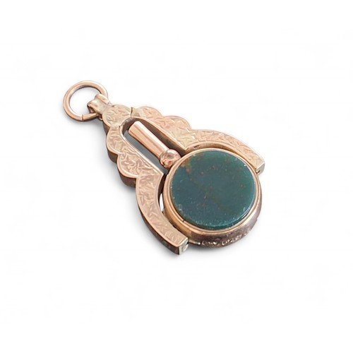 46 - A 9ct rose gold swivel fob/pocket watch key, the key set with a circular bloodstone and Cornelian, t... 