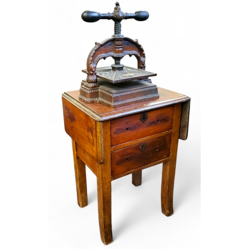 640 - A Victorian book press table, drop leafs to flanks, holding two long drawers, c.1880