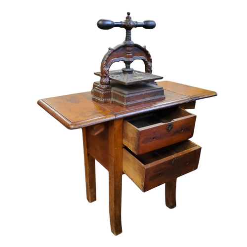 640 - A Victorian book press table, drop leafs to flanks, holding two long drawers, c.1880