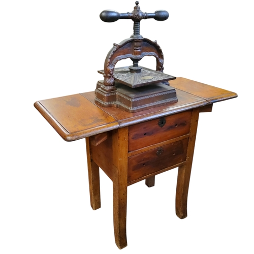 640 - A Victorian book press table, drop leafs to flanks, holding two long drawers, c.1880