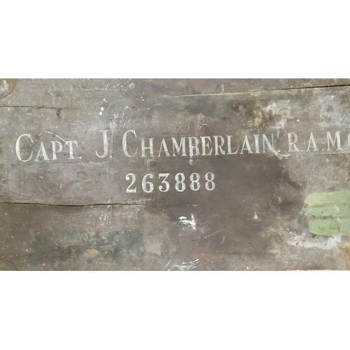 270 - A Royal Army Medical Corps military trunk, the top stenciled 'Captain J. Chamberlain R.A.M.C 263888'... 